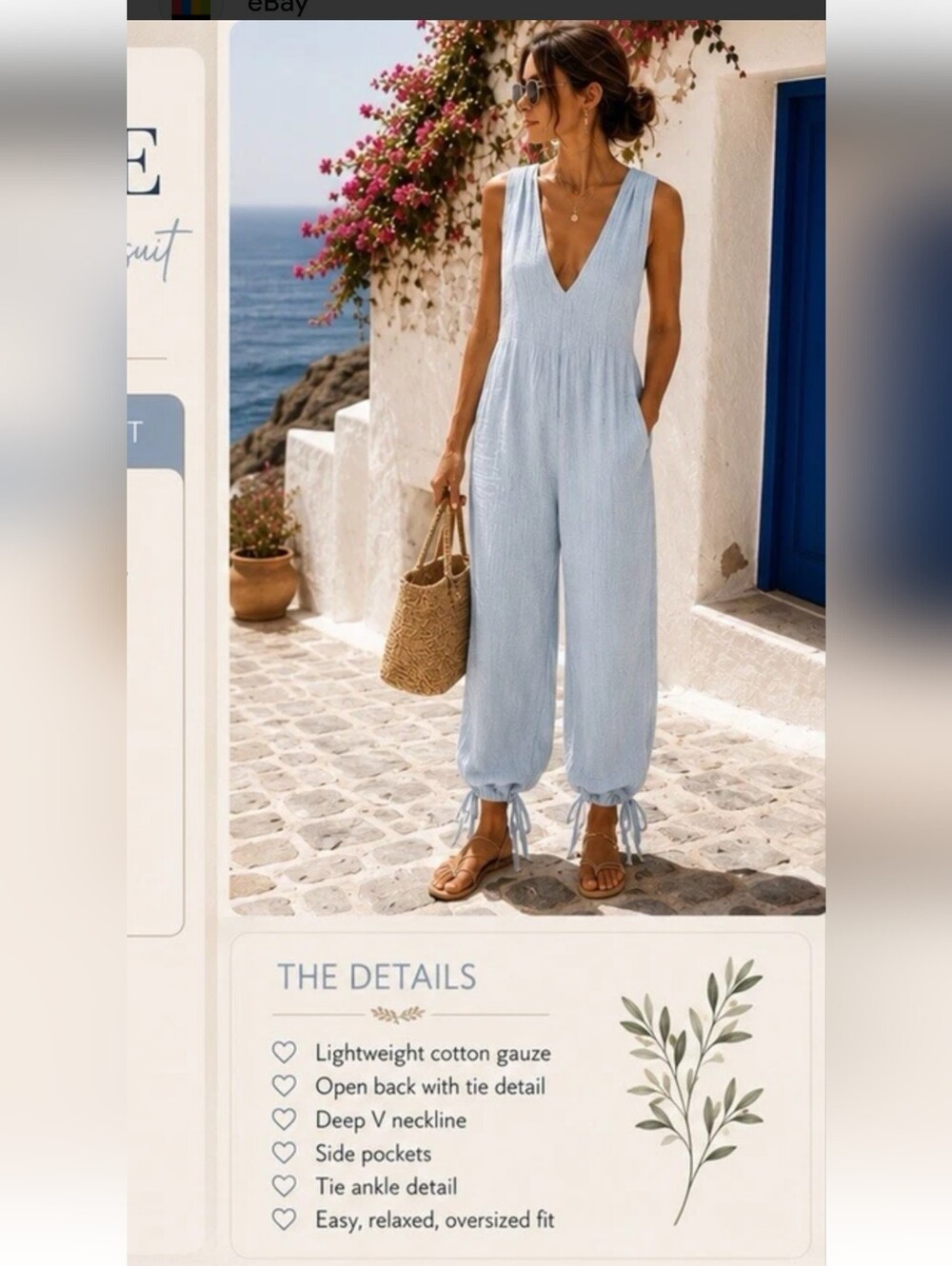 HYFVE Light Blue V-Neck Cotton Gauze Jumpsuit with Tie Ankles Sz L Oversized Fit - Picture 2 of 13
